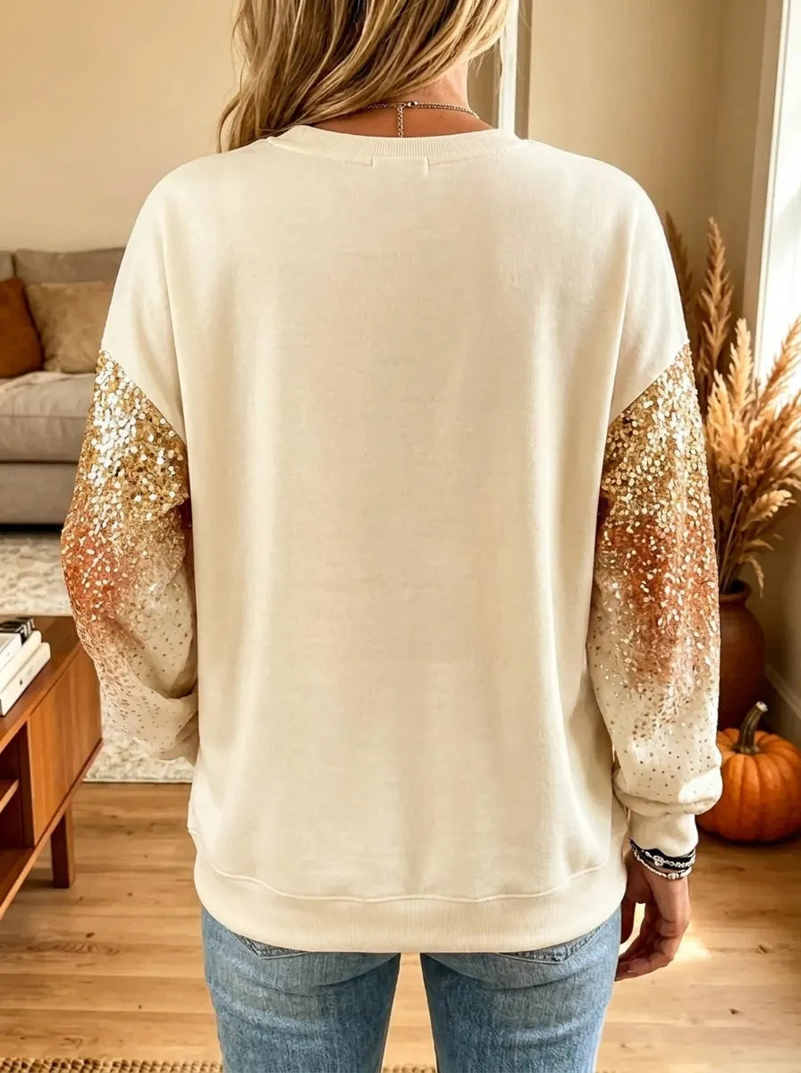 Women's Leopard Bow Pumpkin Glitter Sleeve Sweatshirt