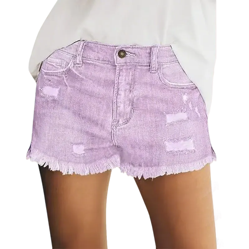 Women's Effortless Ripped Jean Shorts – Stretchy Mid Rise Denim with Raw Hem for Everyday Chic