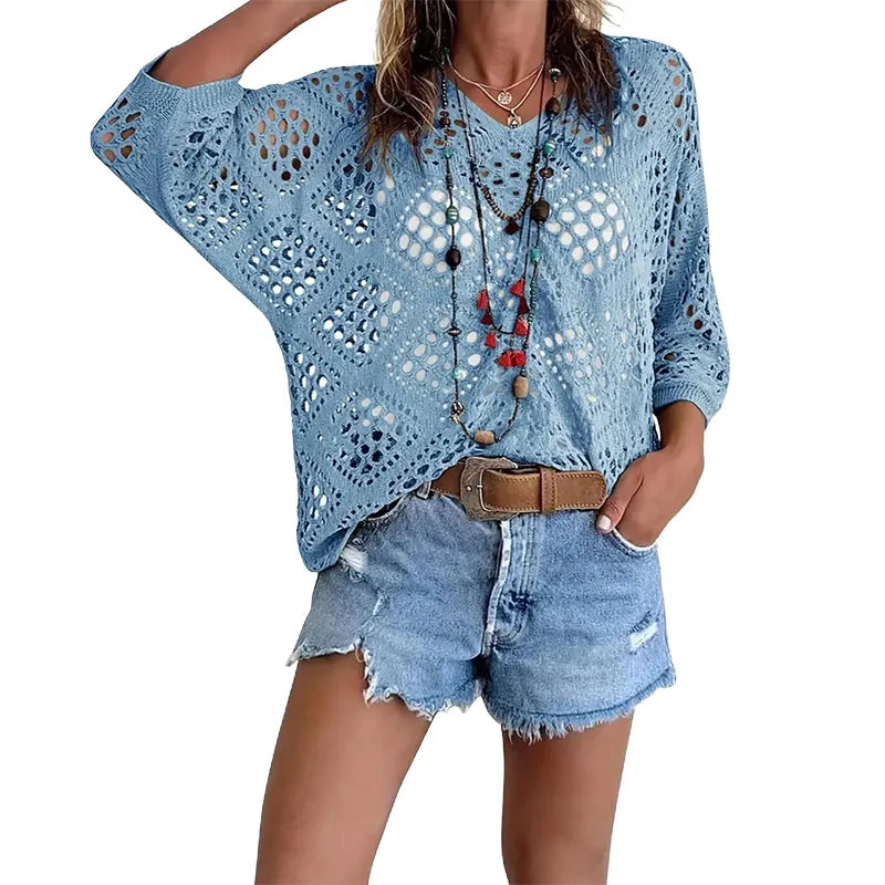 Women's Sexy Hollow Out Crochet Top – Boho Batwing Sleeve V-Neck, Lightweight Beach Vacation Blouse