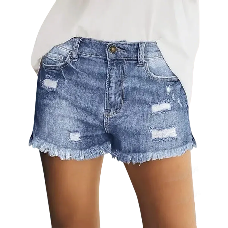 Women's Effortless Ripped Jean Shorts – Stretchy Mid Rise Denim with Raw Hem for Everyday Chic