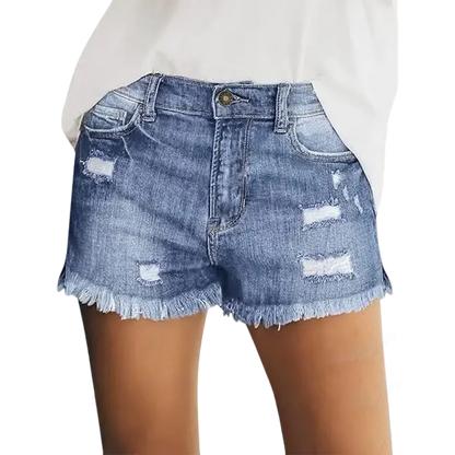 Women's Effortless Ripped Jean Shorts – Stretchy Mid Rise Denim with Raw Hem for Everyday Chic
