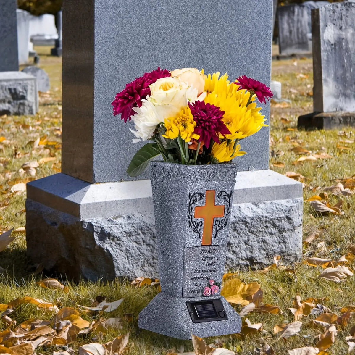 🔥Solar Cemetery Grave Vase with LED – Headstone Flower Vase with Ground Spike for Fresh/Artificial Flowers✨