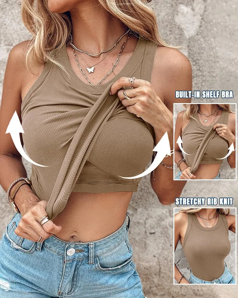 Women's Ribbed Tank Top with Built-in Shelf Bra – Soft Stretch Cami, No Bra Needed for Everyday, Lounge & Casual Wear
