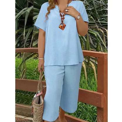 Women's 2-Piece Linen Blend Set – V-Neck Short Sleeve Top & Flowy Wide Leg Pants, Relaxed Fit Beach Vacation Outfit