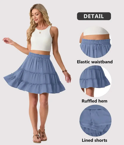 Women's Tiered Ruffle Mini Skirt – High Waist Elastic Drawstring Flowy A-Line Skirt for Beach, Vacation & Summer Style
