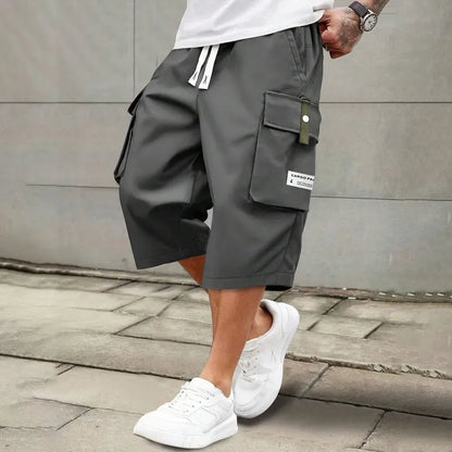 Men's Relaxed Fit Cargo Capri Shorts – Multi-Pocket Elastic Drawstring Waist, Lightweight Cropped Pants for Streetwear & Outdoor
