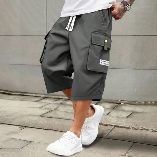 Men's Relaxed Fit Cargo Capri Shorts – Multi-Pocket Elastic Drawstring Waist, Lightweight Cropped Pants for Streetwear & Outdoor