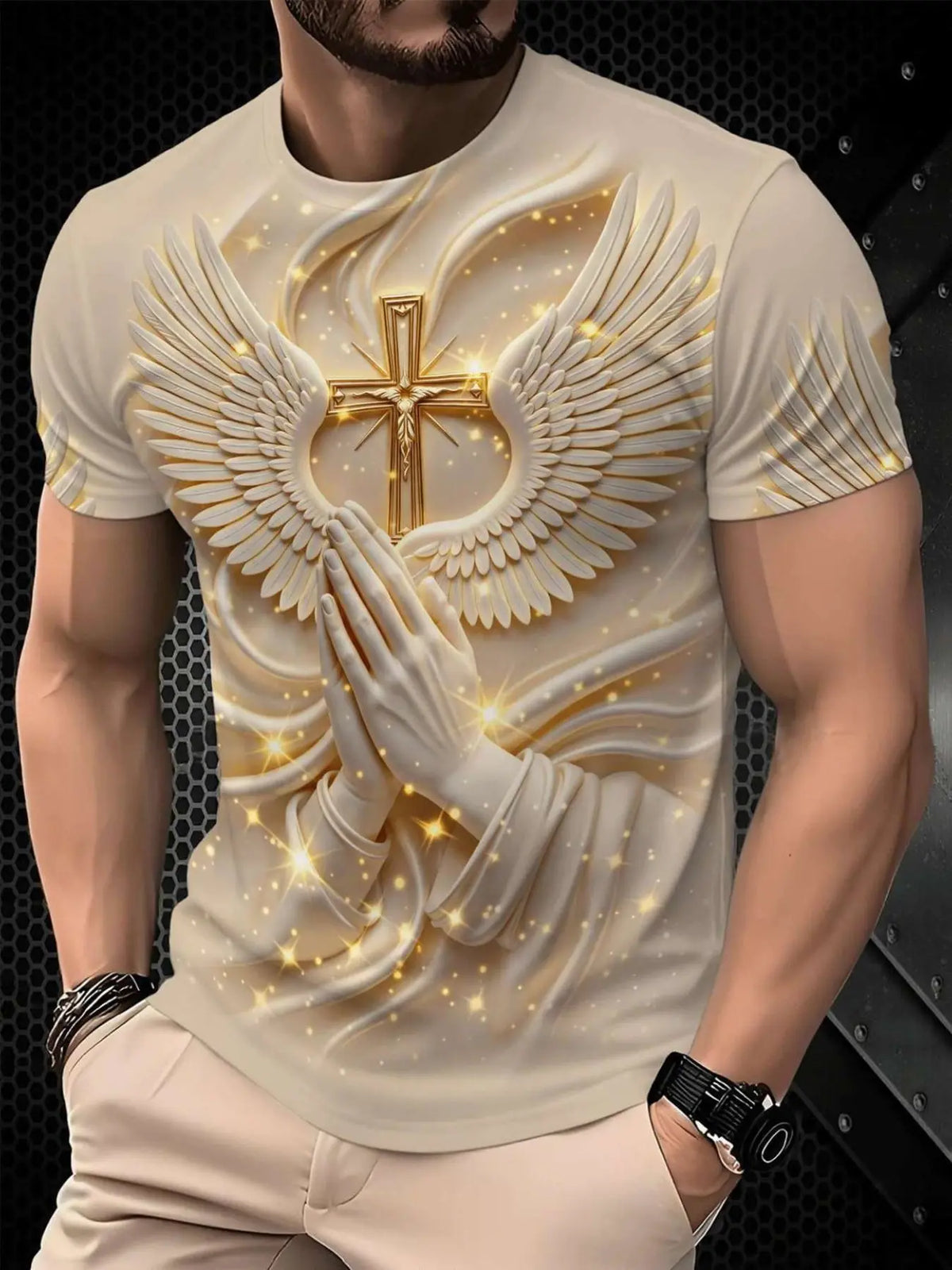 Men's Religious Prayer Angel Wings Cross 3D High Definition Graphic Print T-Shirt