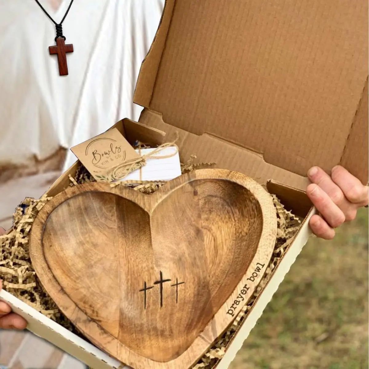 Wooden Heart Shaped Prayer Bowl with 24 Prayer Cards