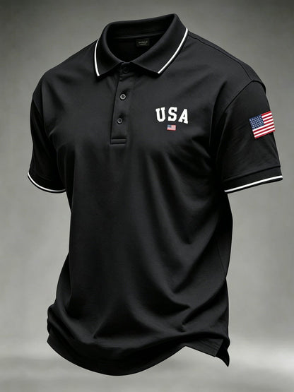 Men's 250th Anniversary Patriotic Polo Shirt – American Flag Embroidery & Contrast Tipping, 4th of July Independence Day Celebration