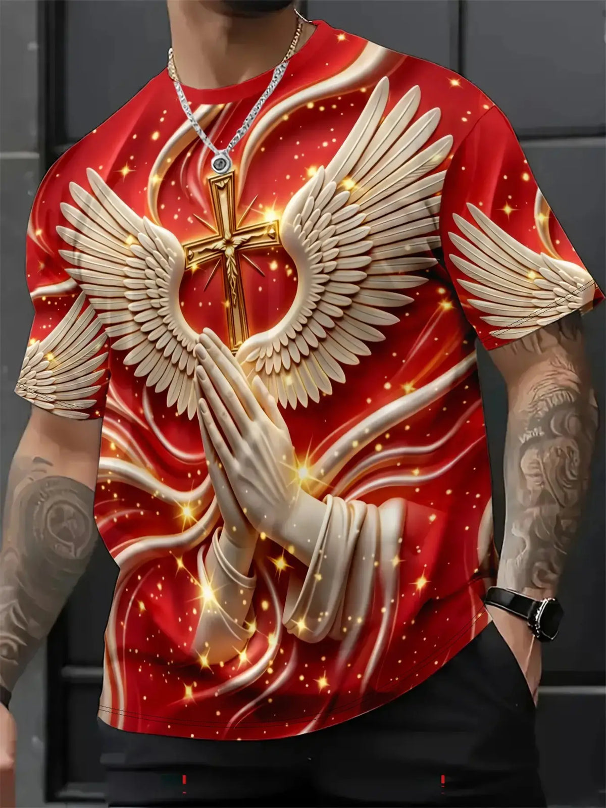 Men's Religious Prayer Angel Wings Cross 3D High Definition Graphic Print T-Shirt