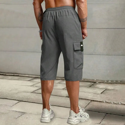 Men's Relaxed Fit Cargo Capri Shorts – Multi-Pocket Elastic Drawstring Waist, Lightweight Cropped Pants for Streetwear & Outdoor