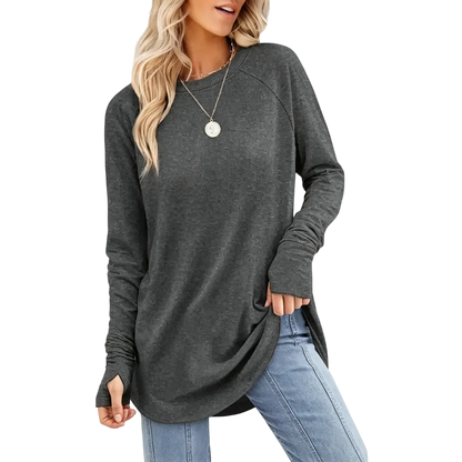 Women's Soft Stretch Long Sleeve Tunic Top – Raglan Crew Neck with Curved Hem, Lightweight Casual Shirt for Yoga, Lounge & Everyday Wear