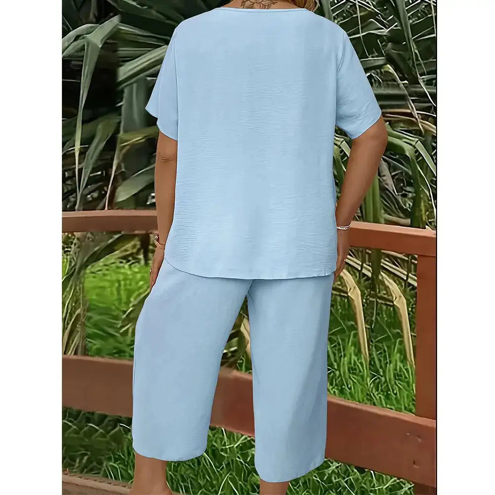 Women's 2-Piece Linen Blend Set – V-Neck Short Sleeve Top & Flowy Wide Leg Pants, Relaxed Fit Beach Vacation Outfit