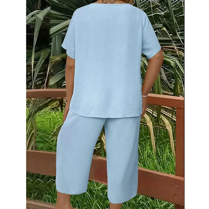 Women's 2-Piece Linen Blend Set – V-Neck Short Sleeve Top & Flowy Wide Leg Pants, Relaxed Fit Beach Vacation Outfit