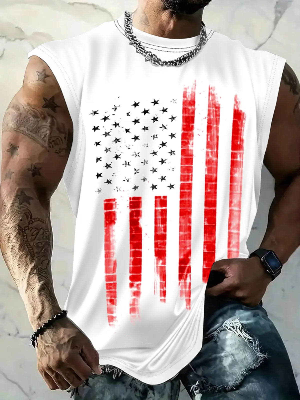Men's American Flag Print Tank Top, Regular-Fit Casual Sleeveless Top for Daily Outdoor Wear, Men's Clothes for Summer