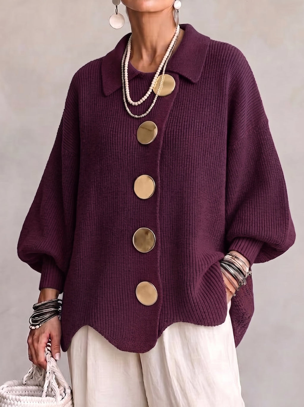 Oversized Chunky Knit Cardigan with Gold Statement Buttons – Women's Relaxed Fit Open Front Sweater