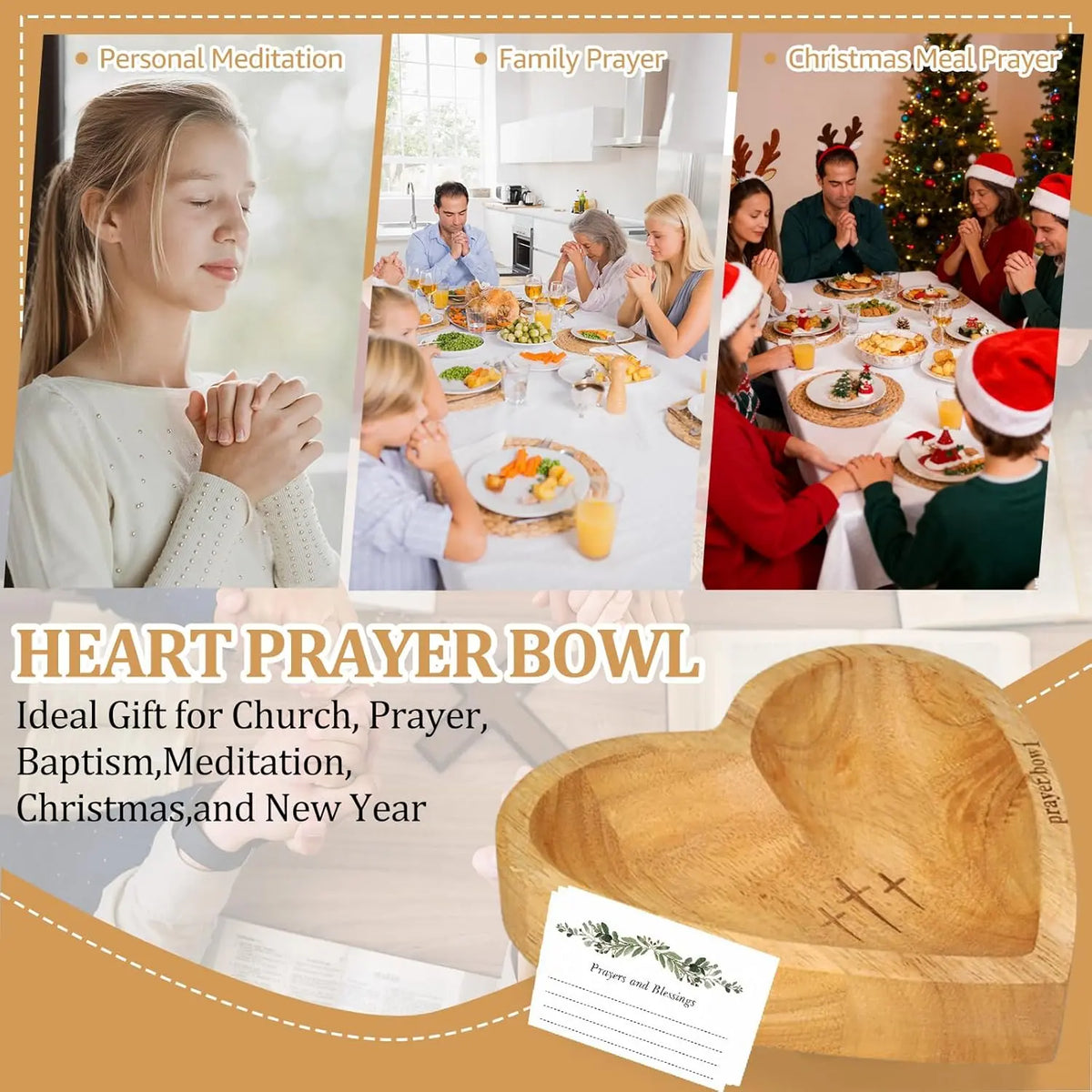 Wooden Heart Shaped Prayer Bowl with 24 Prayer Cards