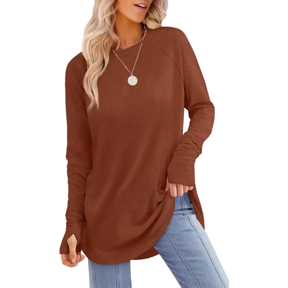 Women's Soft Stretch Long Sleeve Tunic Top – Raglan Crew Neck with Curved Hem, Lightweight Casual Shirt for Yoga, Lounge & Everyday Wear