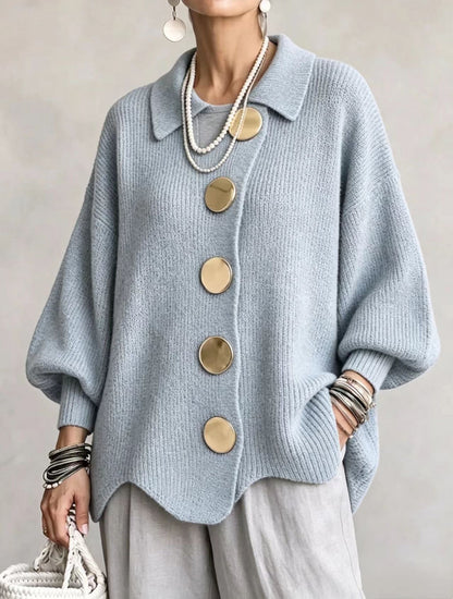 Oversized Chunky Knit Cardigan with Gold Statement Buttons – Women's Relaxed Fit Open Front Sweater