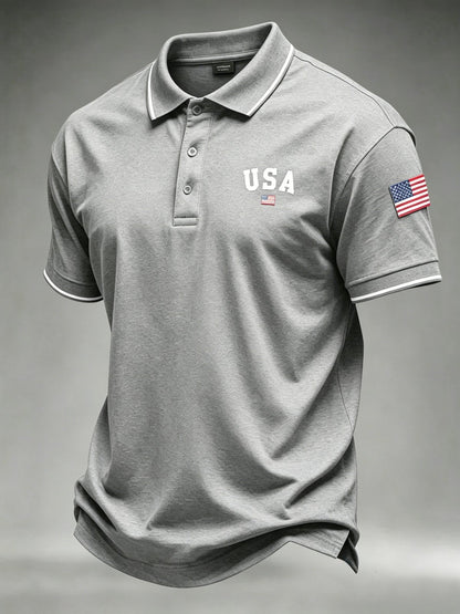 Men's 250th Anniversary Patriotic Polo Shirt – American Flag Embroidery & Contrast Tipping, 4th of July Independence Day Celebration