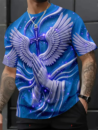 Men's Religious Prayer Angel Wings Cross 3D High Definition Graphic Print T-Shirt