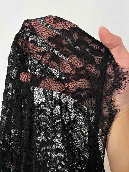 Plus Size Lace Evening Dress – Deep V-Neck Sheer Long Sleeves, Tiered Ruffle Waist, Elegant Formal Party Gown
