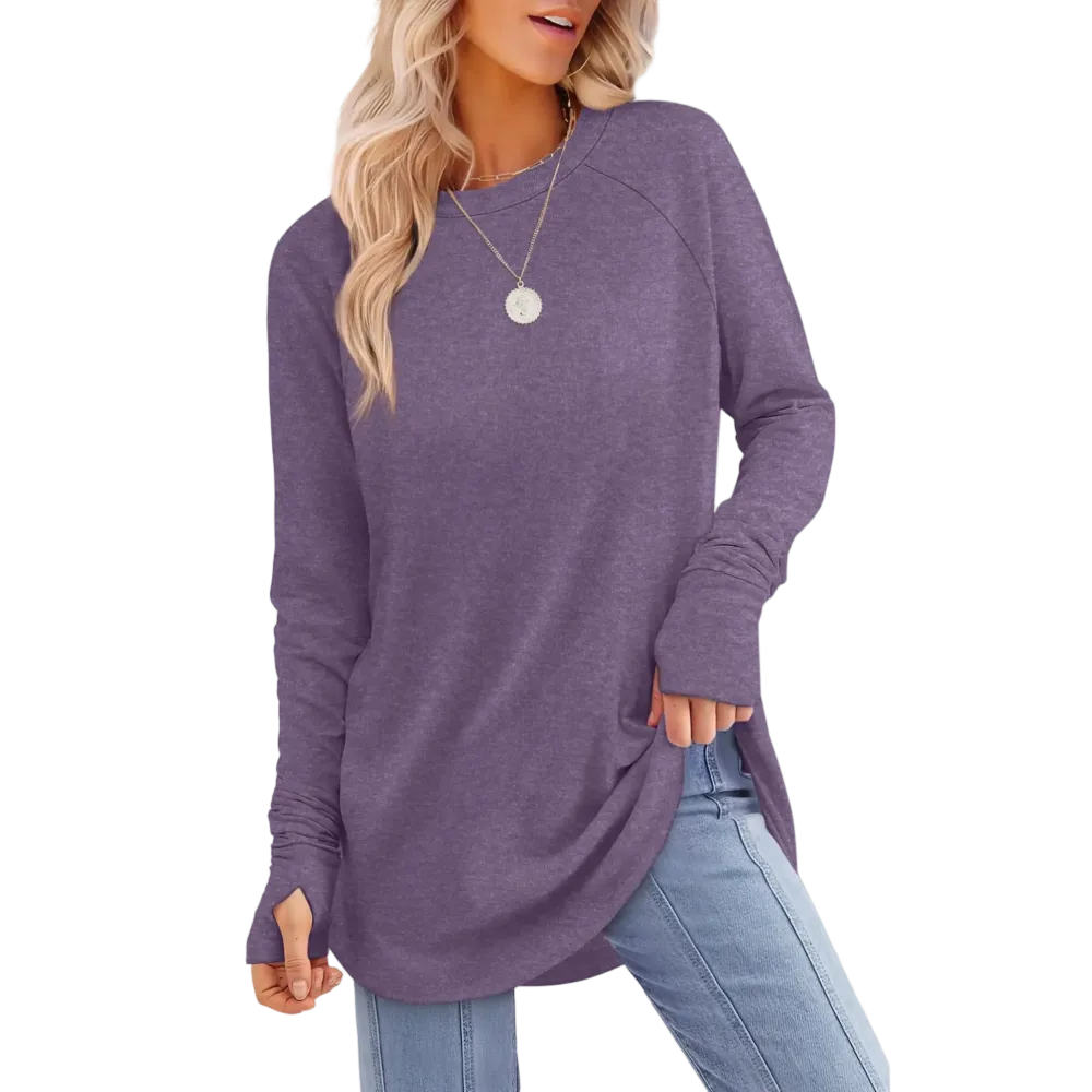 Women's Soft Stretch Long Sleeve Tunic Top – Raglan Crew Neck with Curved Hem, Lightweight Casual Shirt for Yoga, Lounge & Everyday Wear