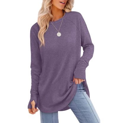 Women's Soft Stretch Long Sleeve Tunic Top – Raglan Crew Neck with Curved Hem, Lightweight Casual Shirt for Yoga, Lounge & Everyday Wear