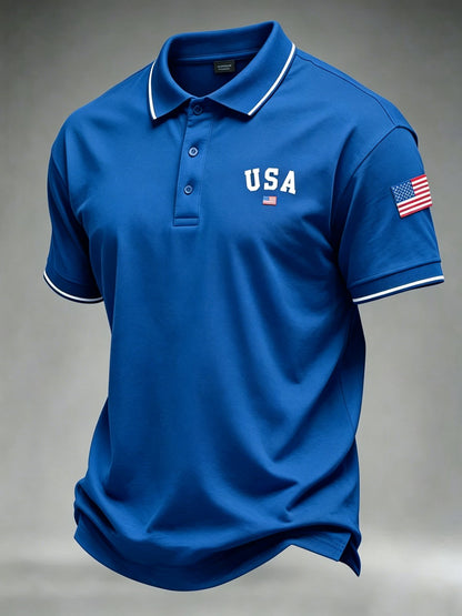 Men's 250th Anniversary Patriotic Polo Shirt – American Flag Embroidery & Contrast Tipping, 4th of July Independence Day Celebration