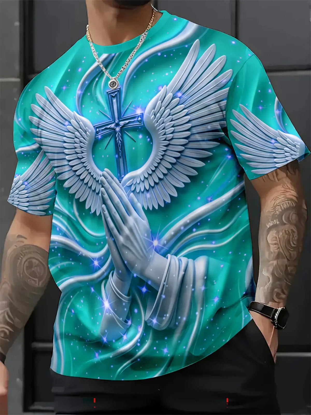 Men's Religious Prayer Angel Wings Cross 3D High Definition Graphic Print T-Shirt