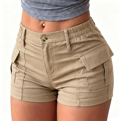 Women's Fitted Cargo Shorts with Flap Pockets – Elastic Waist Mini Shorts, Chic & Casual Summer Style for Outdoor & Streetwear