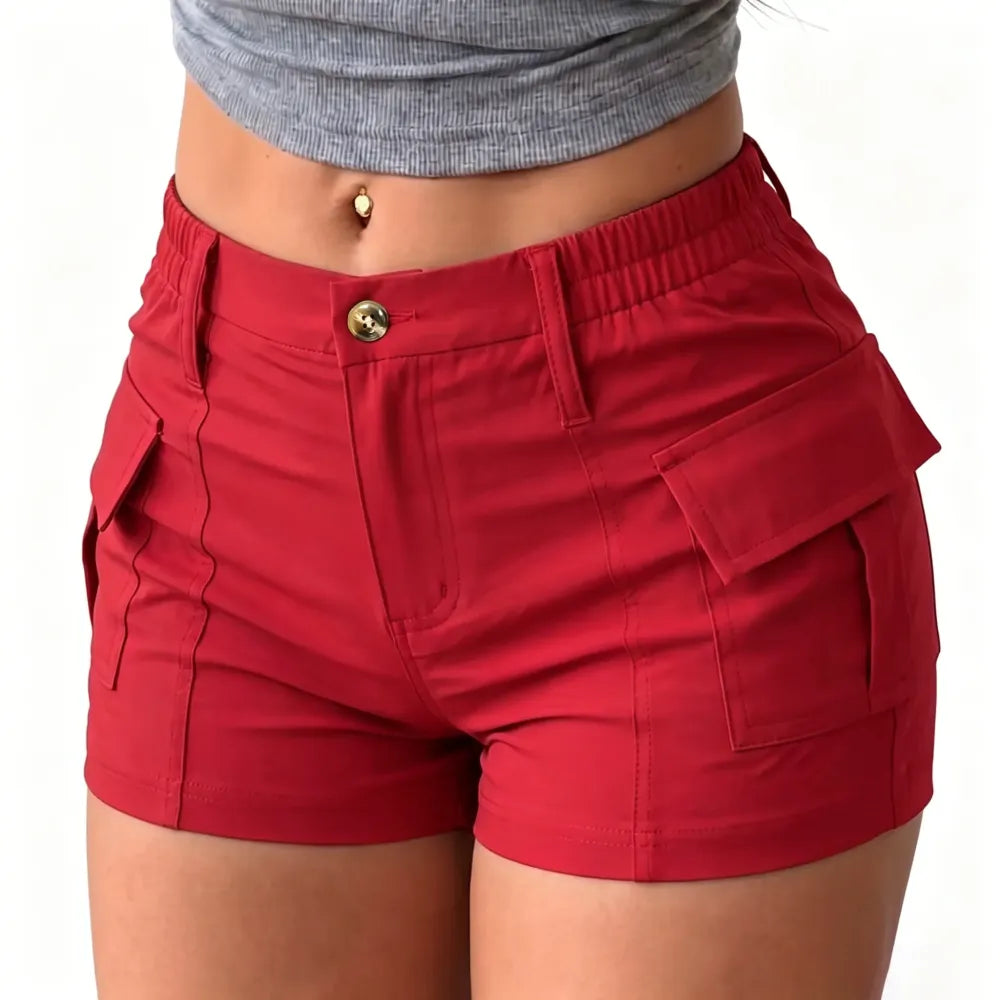 Women's Fitted Cargo Shorts with Flap Pockets – Elastic Waist Mini Shorts, Chic & Casual Summer Style for Outdoor & Streetwear