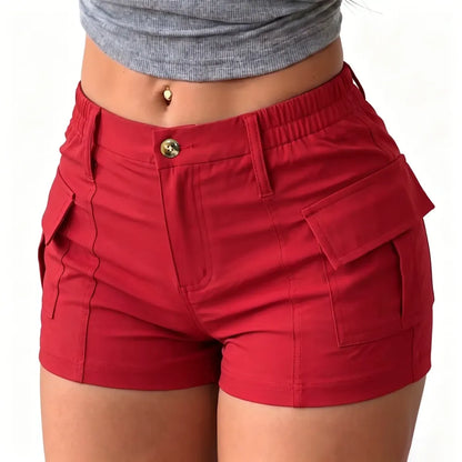Women's Fitted Cargo Shorts with Flap Pockets – Elastic Waist Mini Shorts, Chic & Casual Summer Style for Outdoor & Streetwear