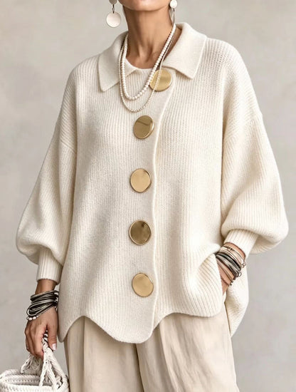 Oversized Chunky Knit Cardigan with Gold Statement Buttons – Women's Relaxed Fit Open Front Sweater
