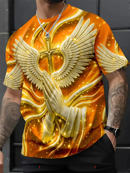 Men's Religious Prayer Angel Wings Cross 3D High Definition Graphic Print T-Shirt