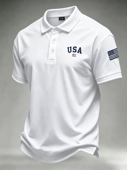 Men's 250th Anniversary Patriotic Polo Shirt – American Flag Embroidery & Contrast Tipping, 4th of July Independence Day Celebration