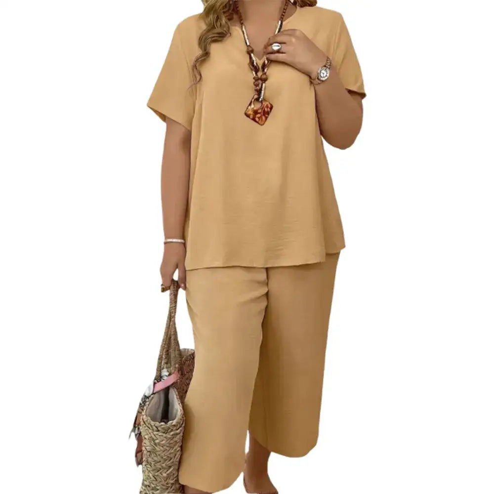 Women's 2-Piece Linen Blend Set – V-Neck Short Sleeve Top & Flowy Wide Leg Pants, Relaxed Fit Beach Vacation Outfit