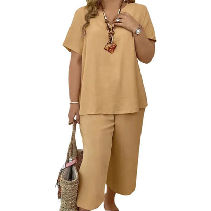 Women's 2-Piece Linen Blend Set – V-Neck Short Sleeve Top & Flowy Wide Leg Pants, Relaxed Fit Beach Vacation Outfit