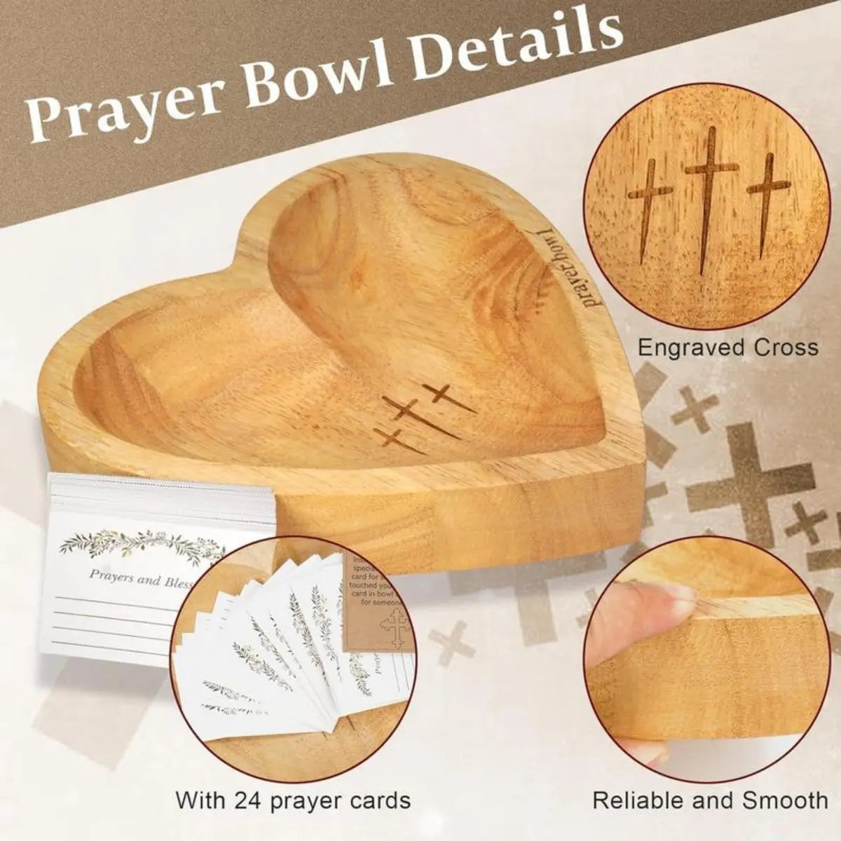 Wooden Heart Shaped Prayer Bowl with 24 Prayer Cards