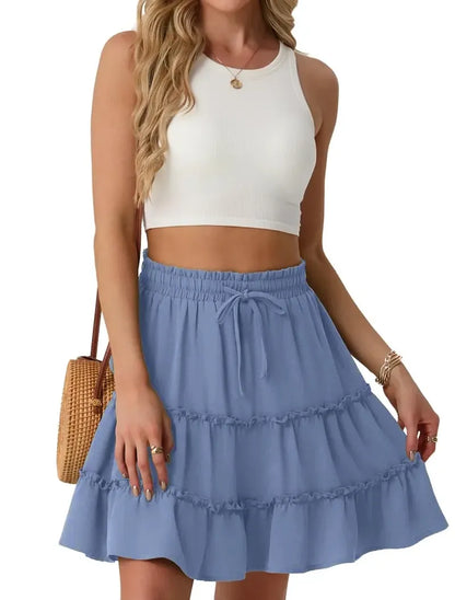 Women's Tiered Ruffle Mini Skirt – High Waist Elastic Drawstring Flowy A-Line Skirt for Beach, Vacation & Summer Style