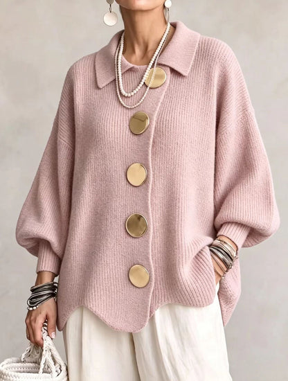 Oversized Chunky Knit Cardigan with Gold Statement Buttons – Women's Relaxed Fit Open Front Sweater