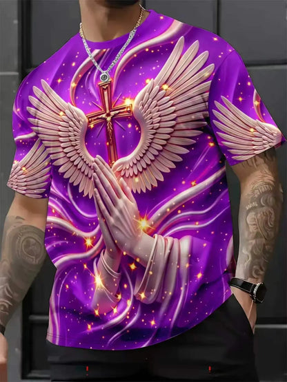 Men's Religious Prayer Angel Wings Cross 3D High Definition Graphic Print T-Shirt