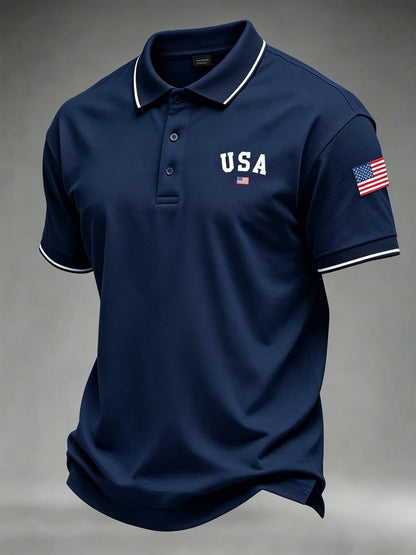 Men's 250th Anniversary Patriotic Polo Shirt – American Flag Embroidery & Contrast Tipping, 4th of July Independence Day Celebration