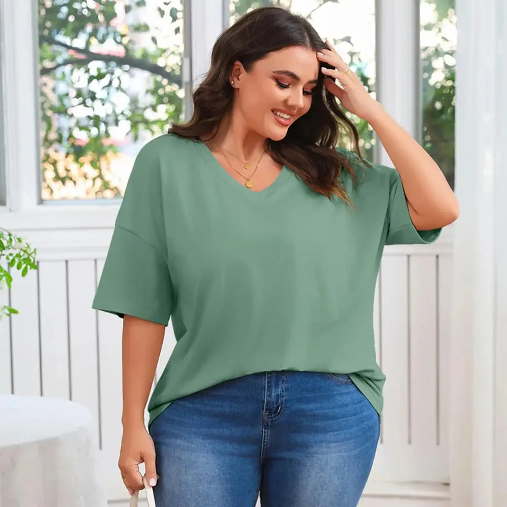 Women's Plus Size V-Neck Tunic Top – Soft Cotton Relaxed Fit Casual Tee, Flattering & Comfortable Everyday Shirt