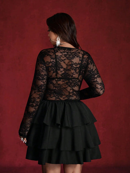 Plus Size Lace Evening Dress – Deep V-Neck Sheer Long Sleeves, Tiered Ruffle Waist, Elegant Formal Party Gown