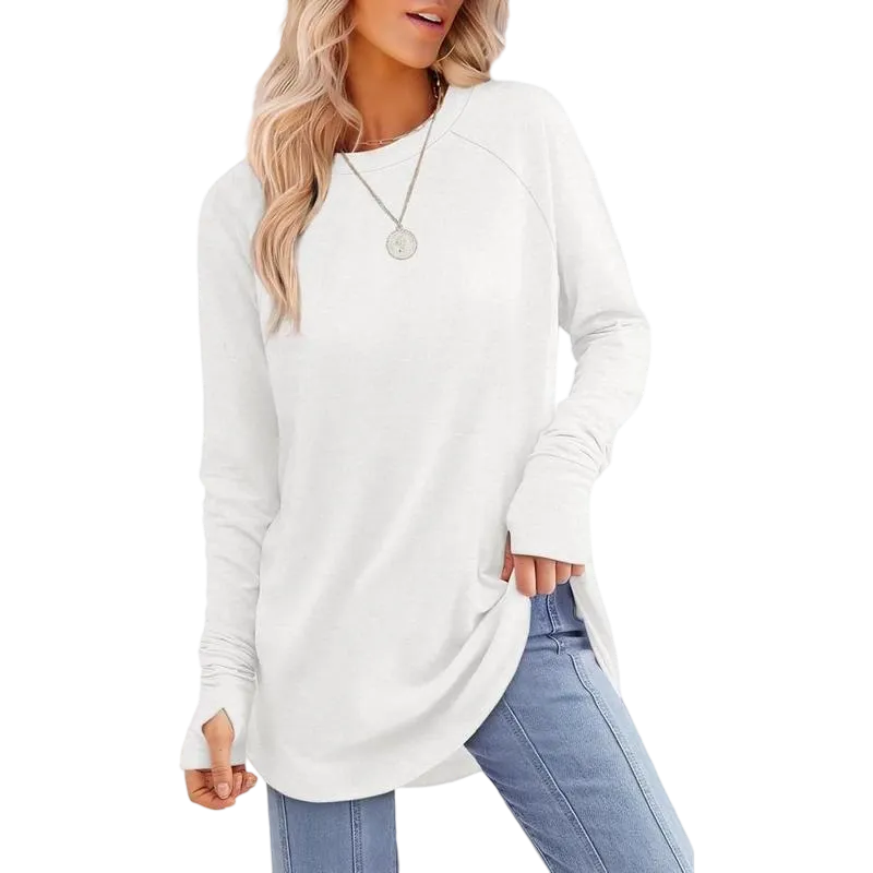 Women's Soft Stretch Long Sleeve Tunic Top – Raglan Crew Neck with Curved Hem, Lightweight Casual Shirt for Yoga, Lounge & Everyday Wear