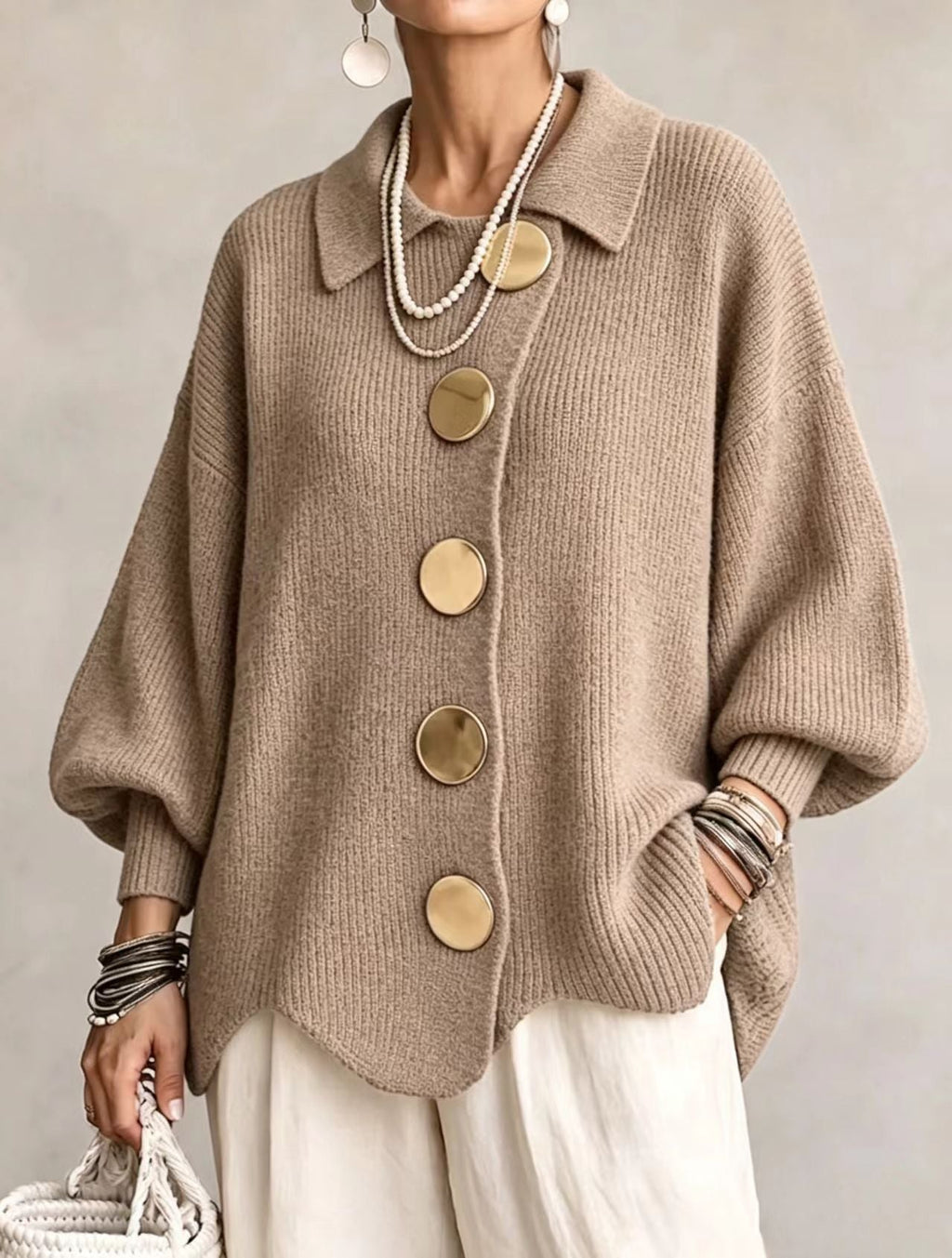 Oversized Chunky Knit Cardigan with Gold Statement Buttons – Women's Relaxed Fit Open Front Sweater