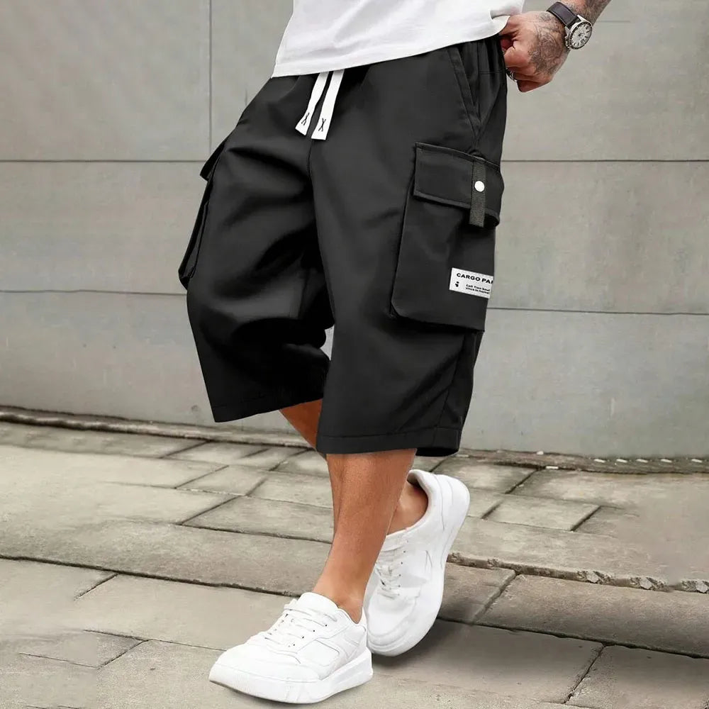 Men's Relaxed Fit Cargo Capri Shorts – Multi-Pocket Elastic Drawstring Waist, Lightweight Cropped Pants for Streetwear & Outdoor