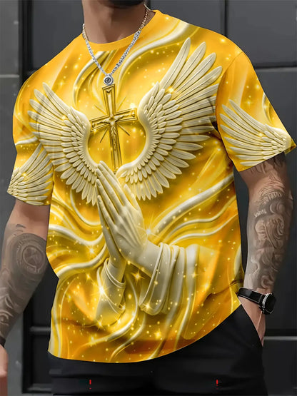 Men's Religious Prayer Angel Wings Cross 3D High Definition Graphic Print T-Shirt